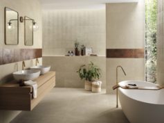 Nux: l’effetto pietra di FAP ceramiche che veste l’intera casa di contemporaneità.